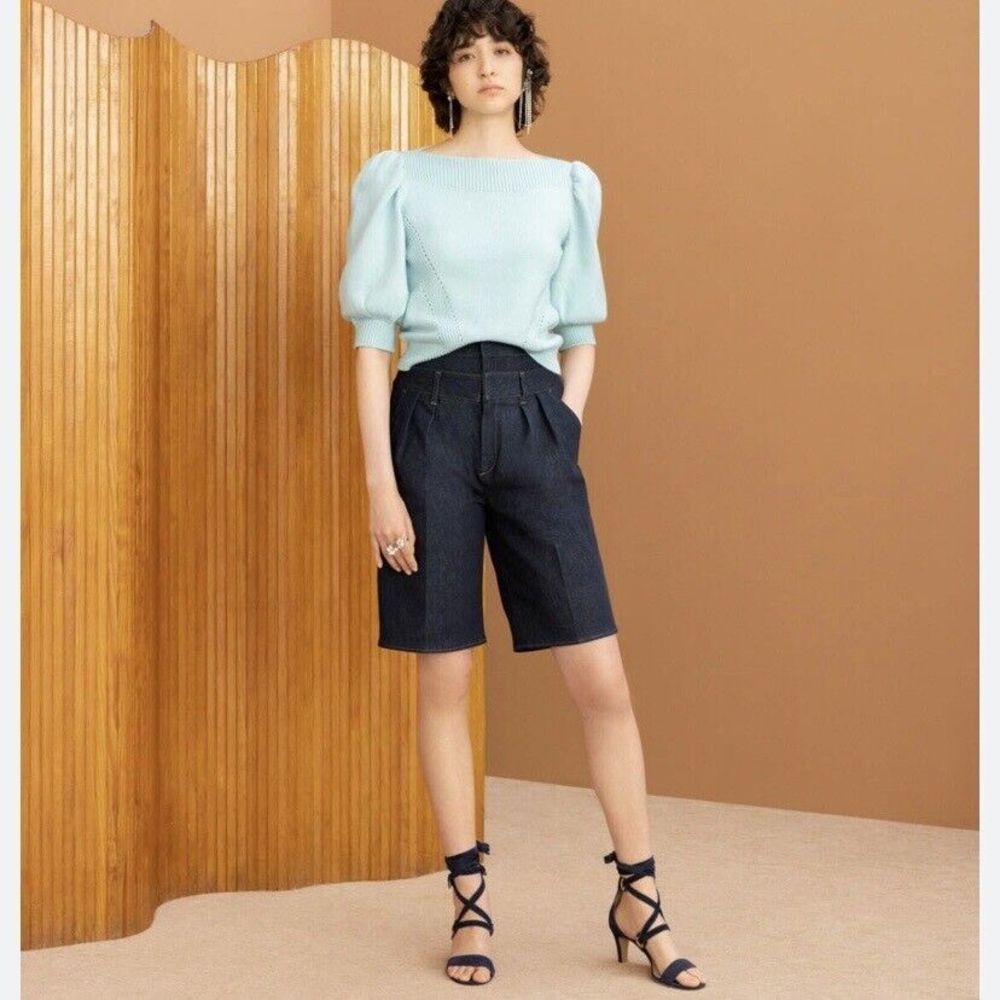 ADEAM Blossom Rib Knit Puff Sleeve Sweater Size XS Light Blue Boatneck‎ $595